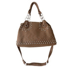 A brown shoulder bag with metallic studs, double top handles with chain accents, and an adjustable shoulder strap.