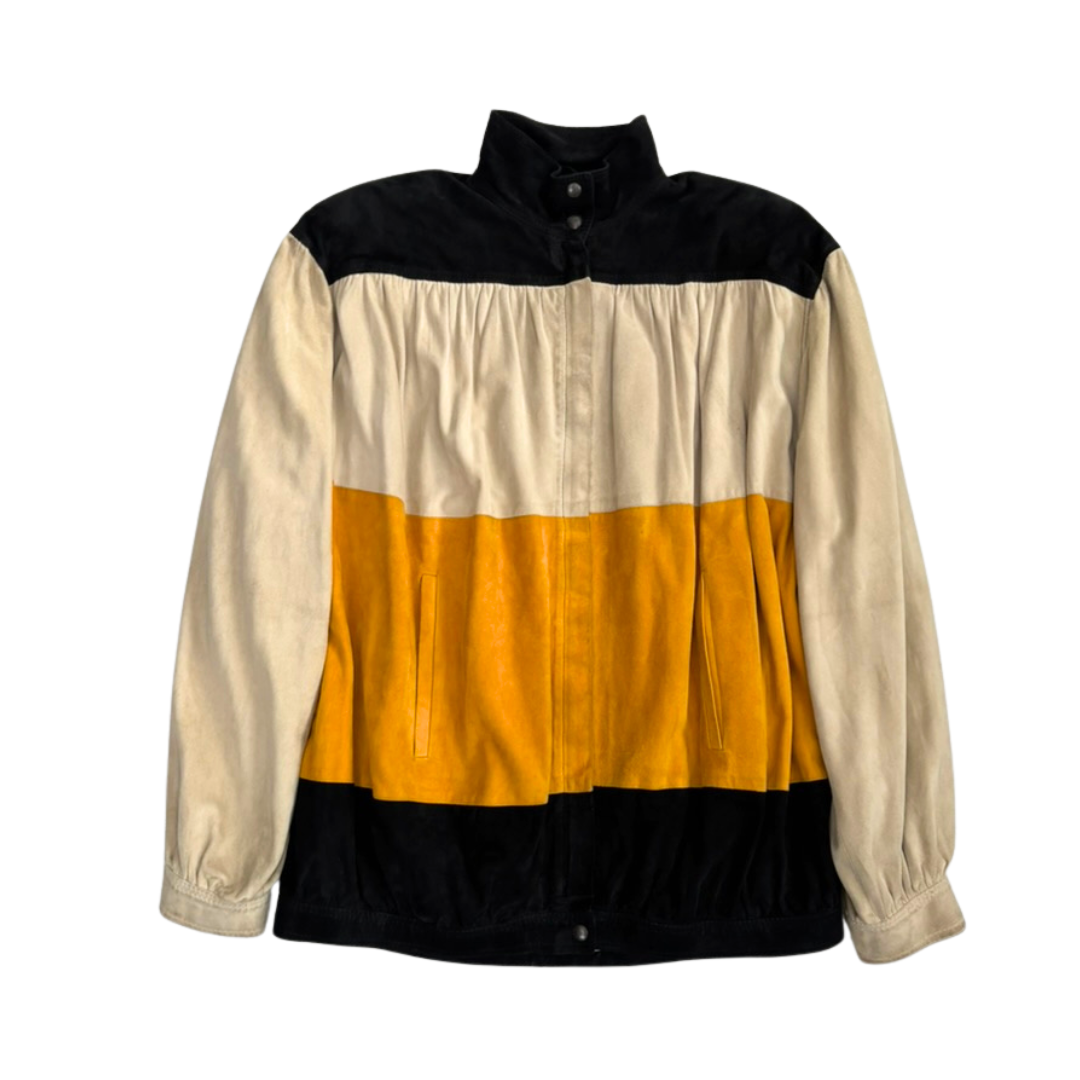 Three-tone jacket with black, beige, and orange colors on a white background
