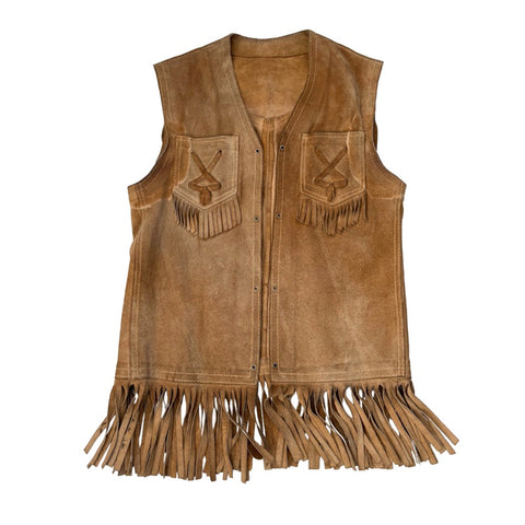 Brown leather vest with fringes on a white background