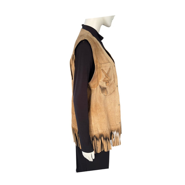 Mannequin wearing a black outfit with a tan fringed vest on a white background