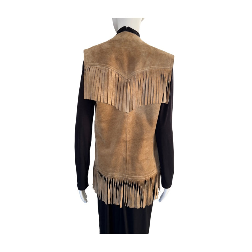 Brown suede vest with fringes on a mannequin against a white background