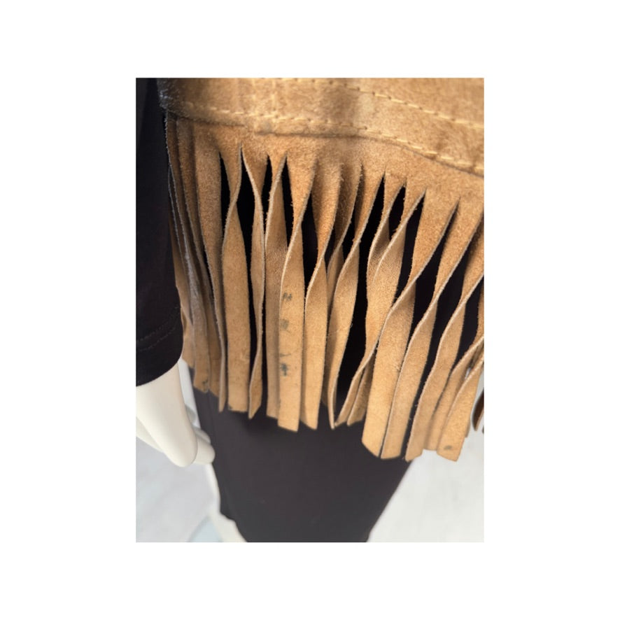 Brown suede fringe skirt on a mannequin against a white background
