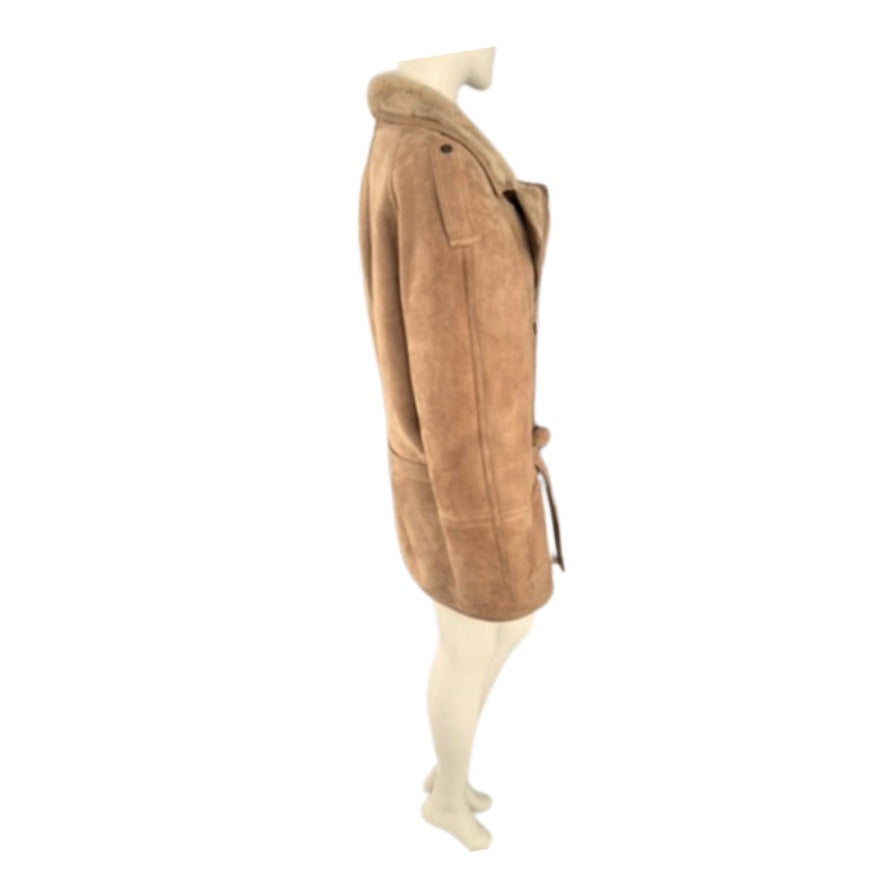 Brown suede jacket on a mannequin against a white background