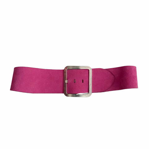 Pink belt with a silver buckle on a white background