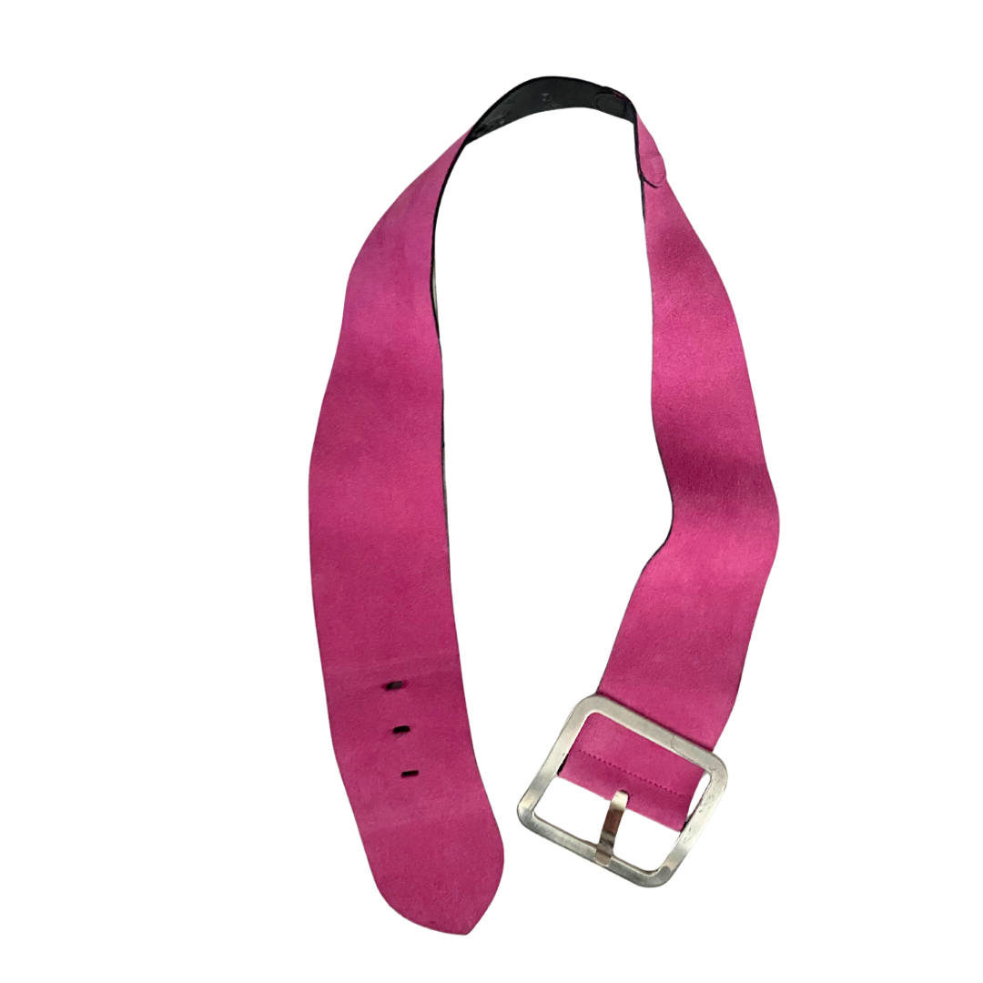 Pink belt with a silver buckle on a white background