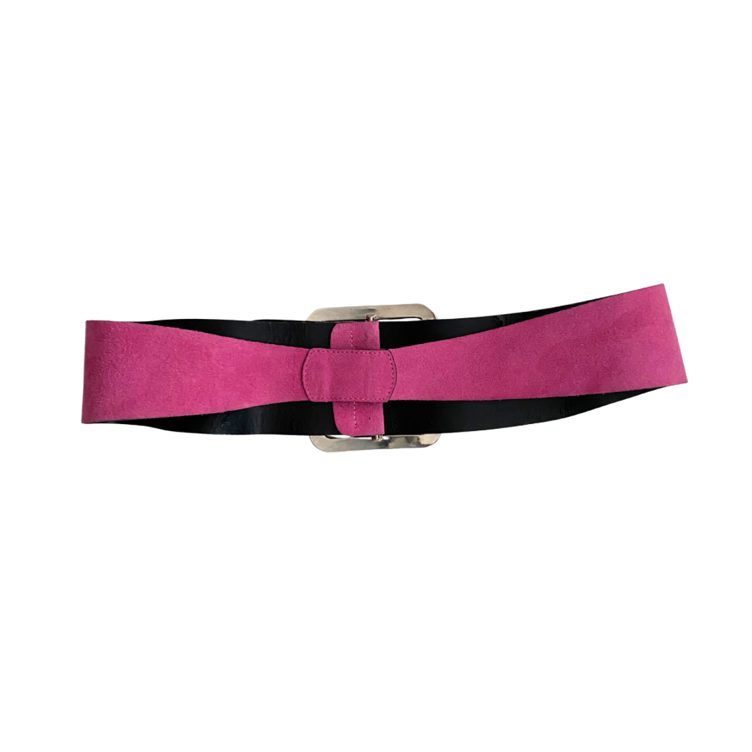 Pink and black belt with a silver buckle on a white background