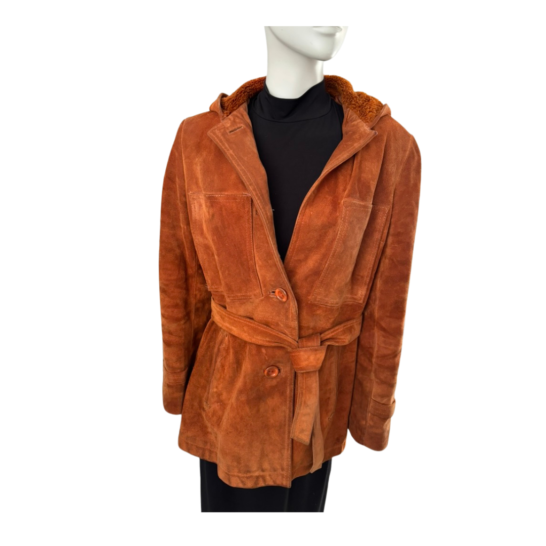 Brown suede jacket on a mannequin against a white background