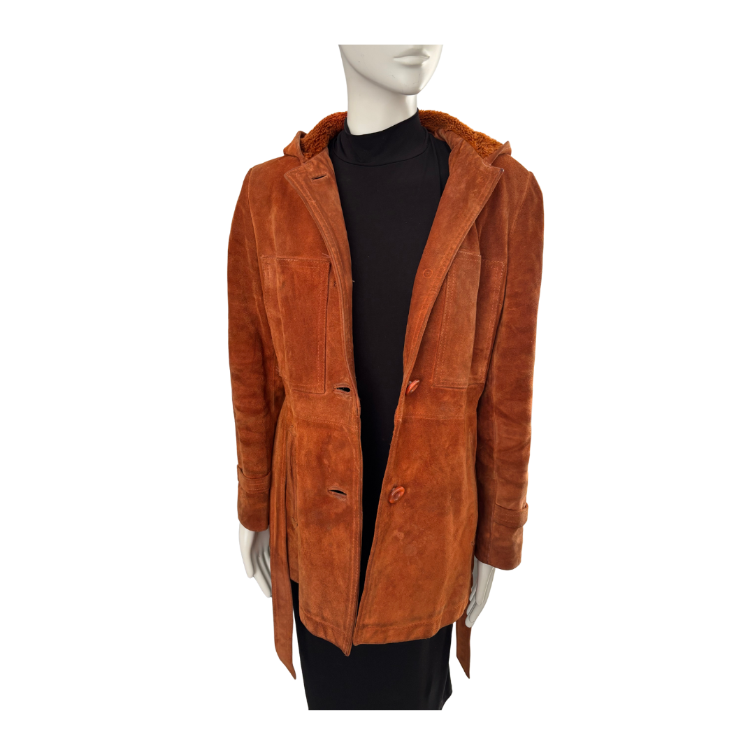Brown suede jacket on a mannequin against a white background