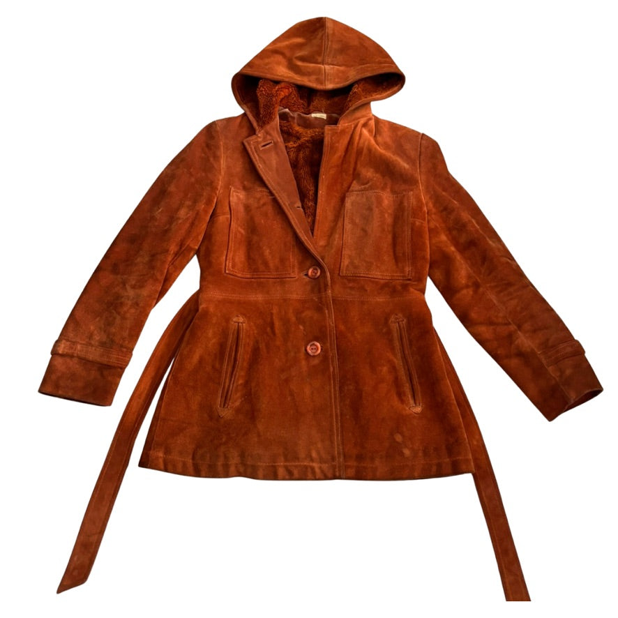 Brown suede coat with a hood on a white background