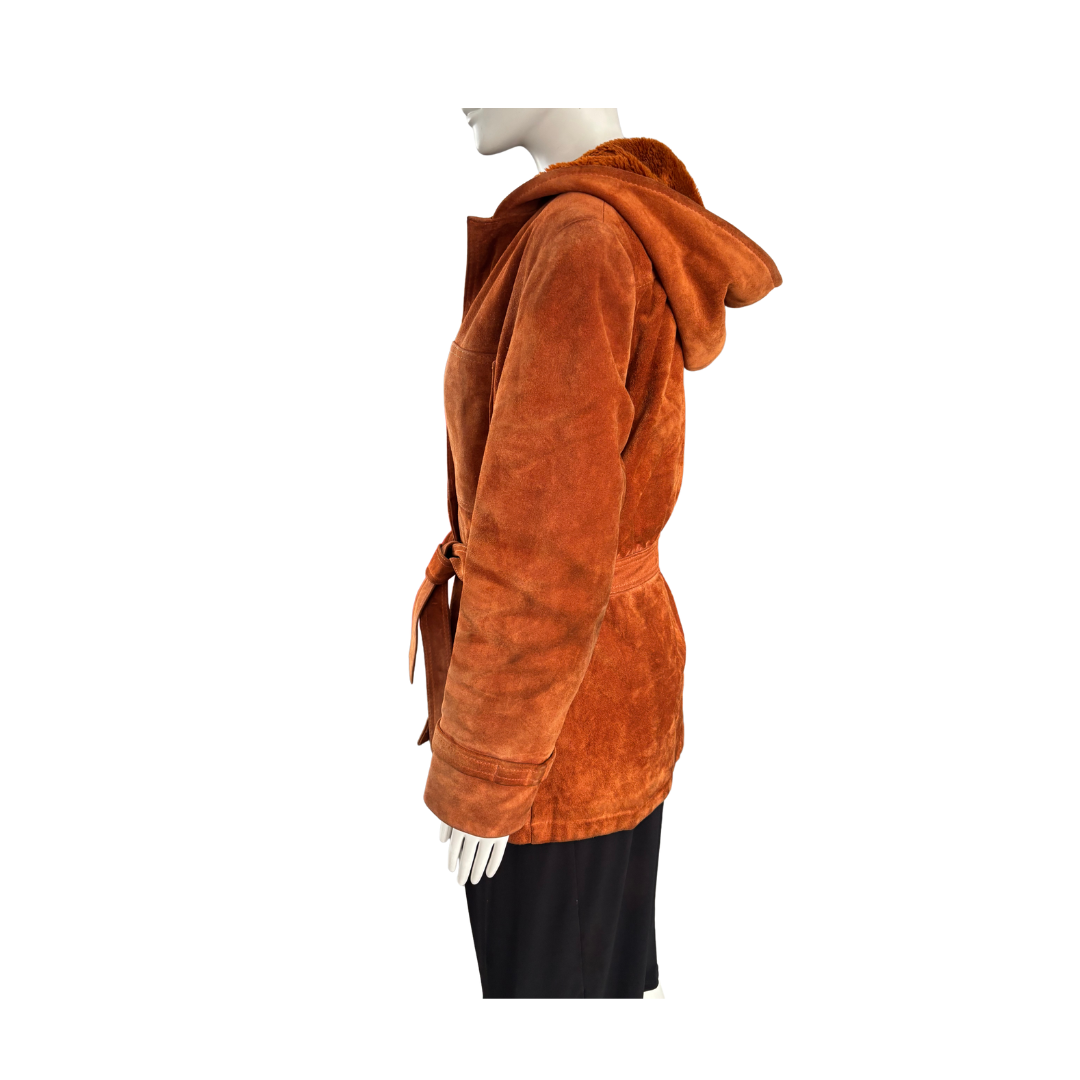 Brown hooded jacket on a mannequin against a white background