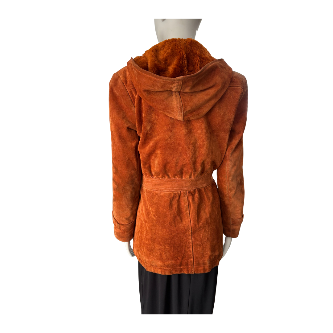 Orange suede jacket on a mannequin against a white background