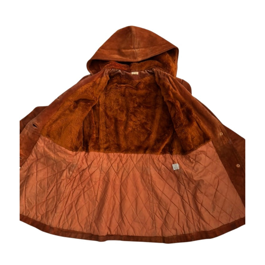 Brown hooded jacket with quilted design on a white background