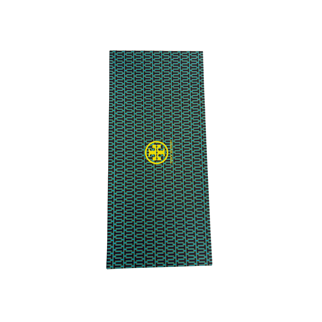 Teal patterned boot box with a yellow logo on a white background