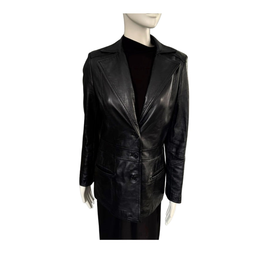 Black leather jacket on a mannequin against a white background