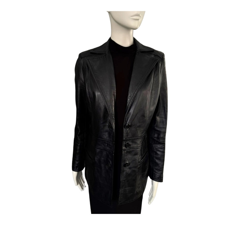 Black leather coat on a mannequin against a white background
