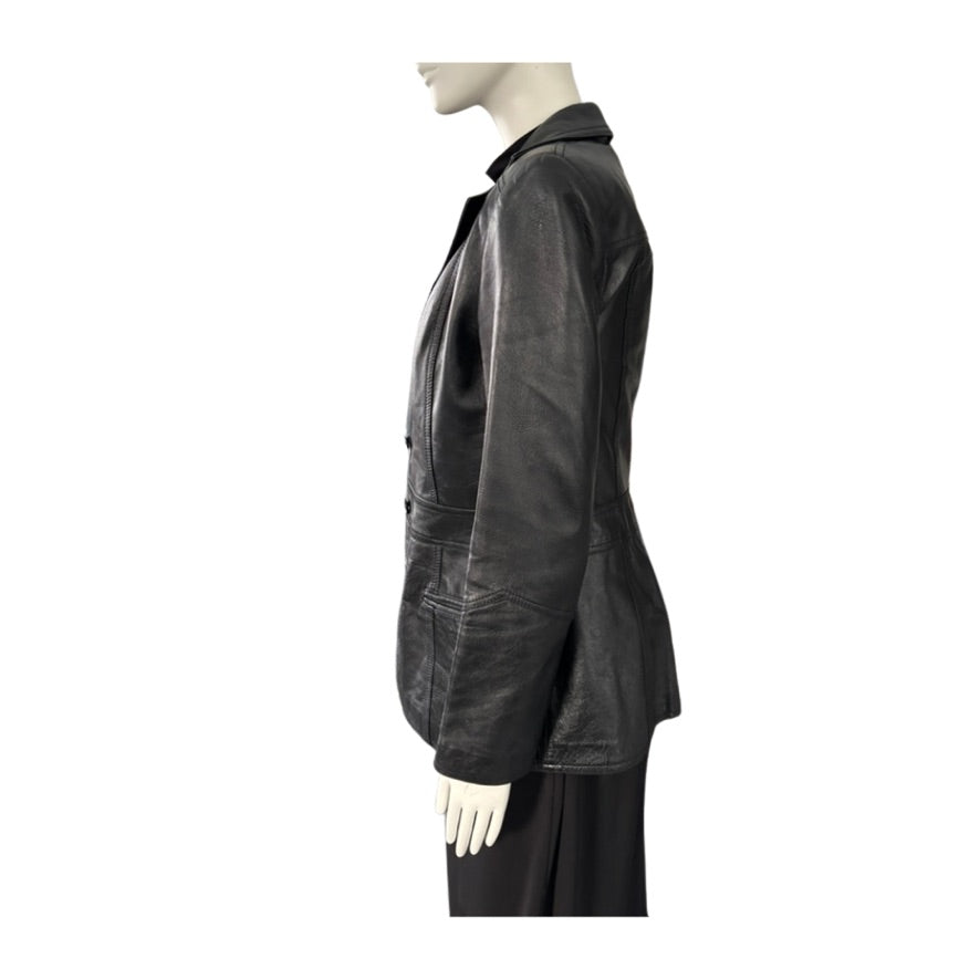 Black leather jacket on a mannequin against a white background