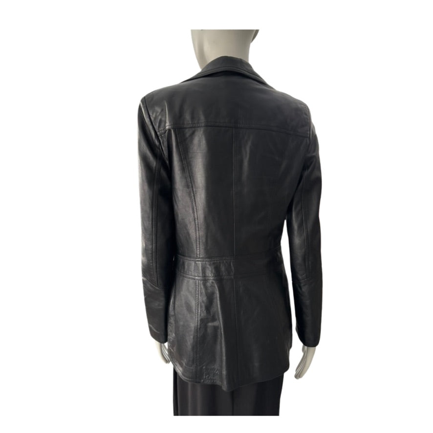 Black leather jacket on a mannequin against a white background