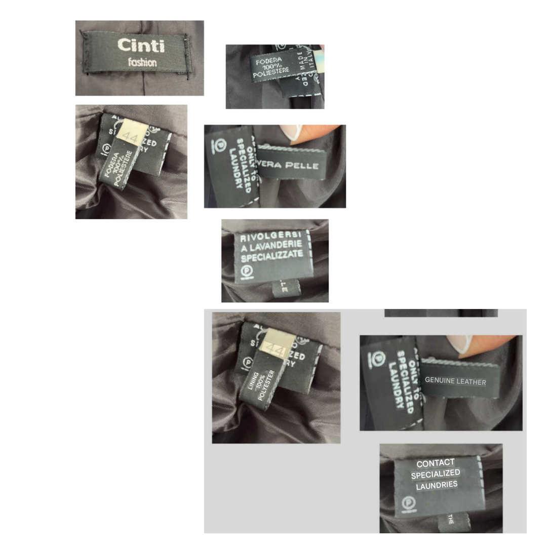 Collection of various brand labels on clothing with 'Cinti' and 'Versace' among others.