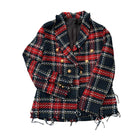 Plaid jacket with red and blue pattern on a white background