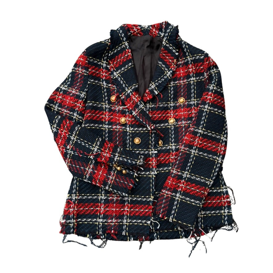 Plaid jacket with red and blue pattern on a white background