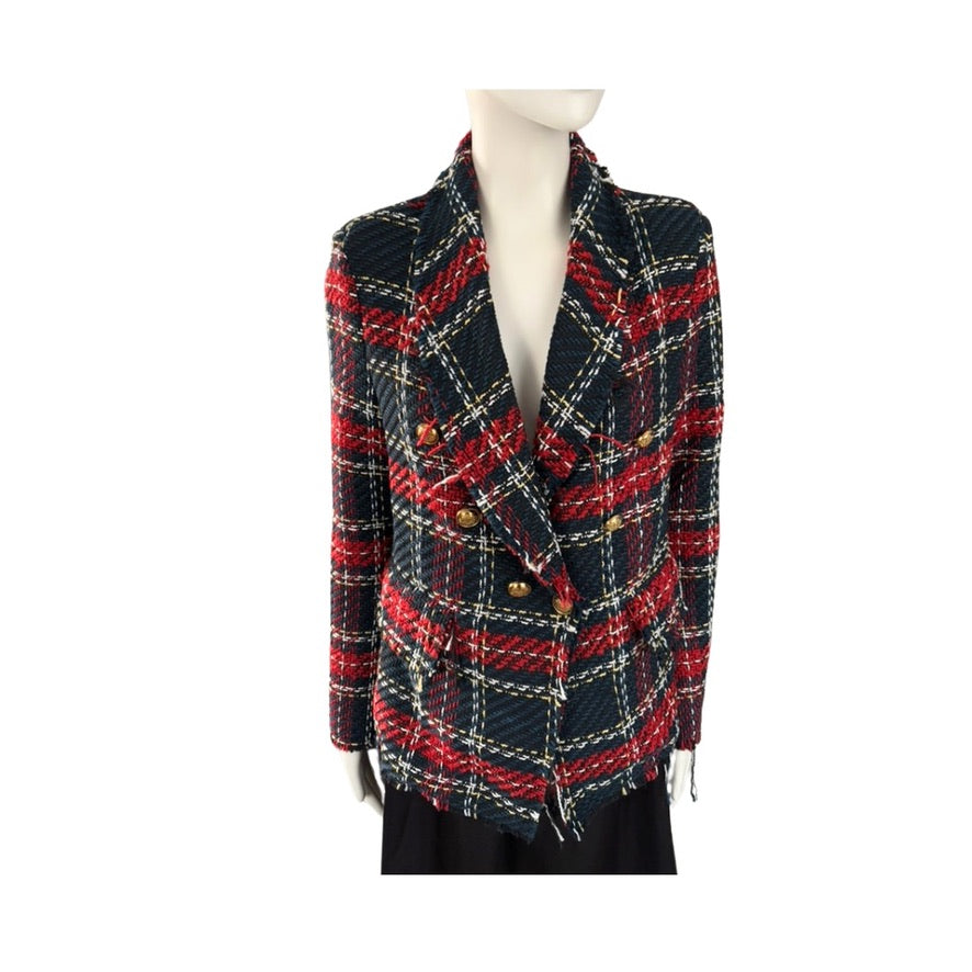 Plaid jacket on a mannequin against a white background