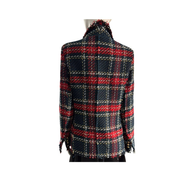 Plaid jacket on a mannequin against a white background