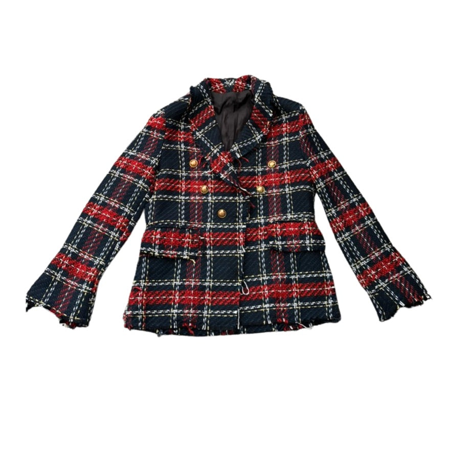 Plaid jacket with red and blue pattern on a white background