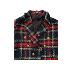 Plaid jacket with red and blue pattern on a white background
