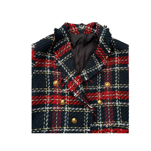 Plaid jacket with red and blue pattern on a white background