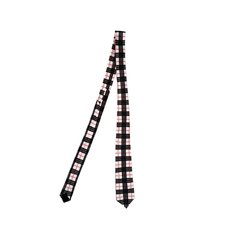 Plaid tie with black and pink pattern on a white background
