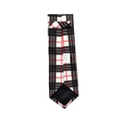 Plaid tie with black, white, and red pattern on a white background