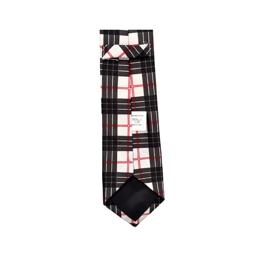 Plaid tie with black, white, and red pattern on a white background