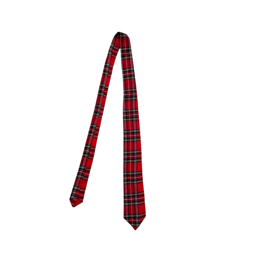 Red and black plaid tie on a white background