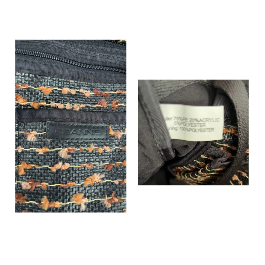 Textile material with floral pattern and brand label on a white background