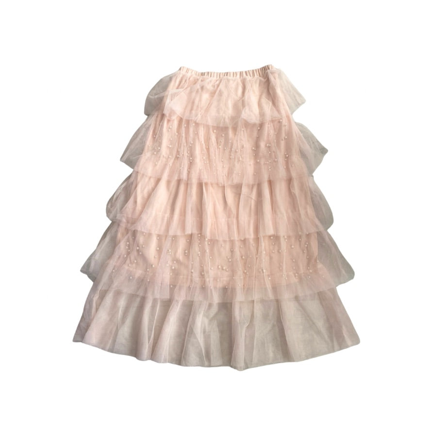 Tulle tiered midi skirt - cream blush colour on white background. 