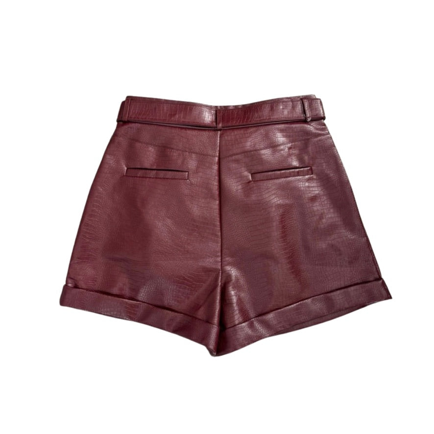 Back of burgundy leather shorts on a white background