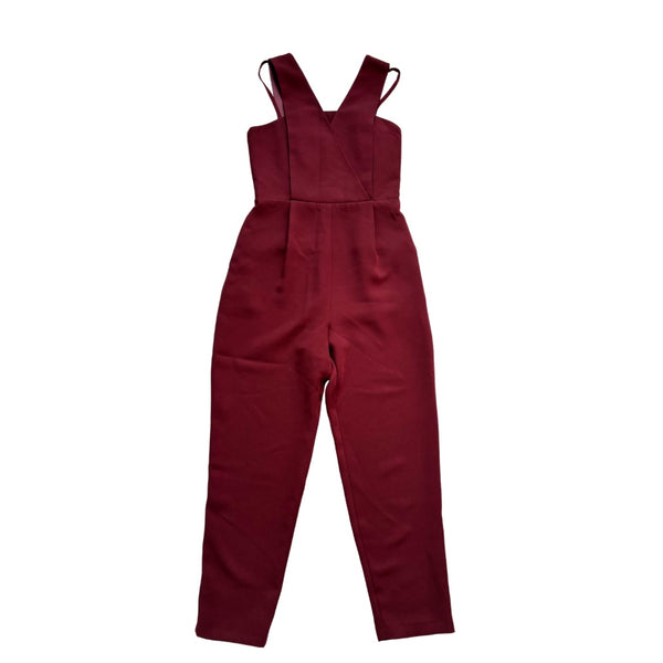Burgundy sleeveless jumpsuit by Topshop with tapered leg – Size UK 8, preloved.