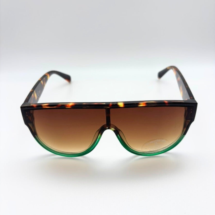 Sunglasses with a tortoiseshell frame and brown lenses on a white background