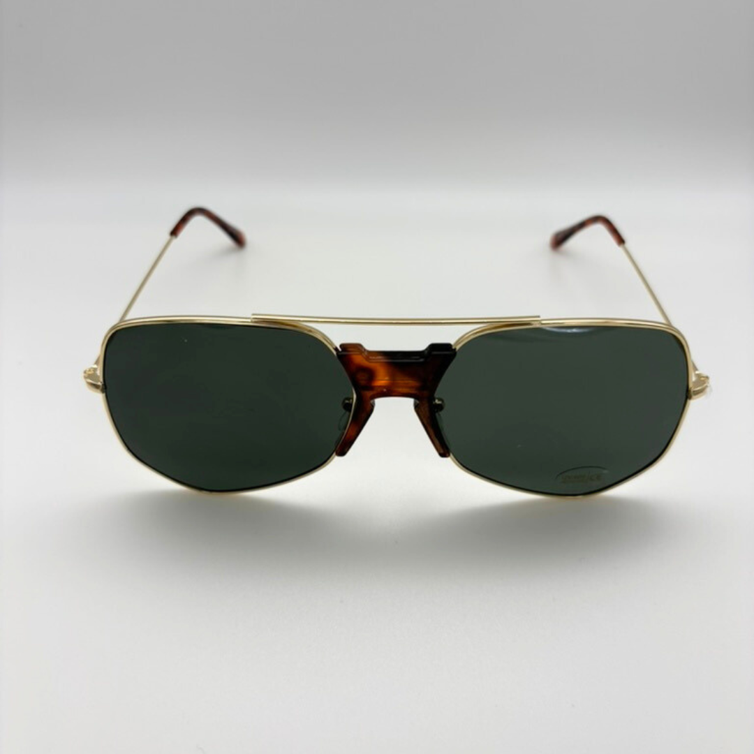 Aviator sunglasses with gold frame and dark lenses on a white background