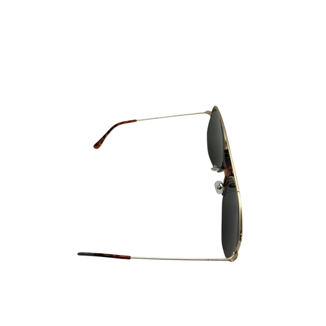 Sunglasses with a gold frame and dark lenses on a white background