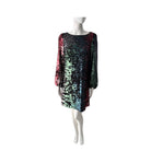 Multicolored sequin dress on a mannequin against a white background