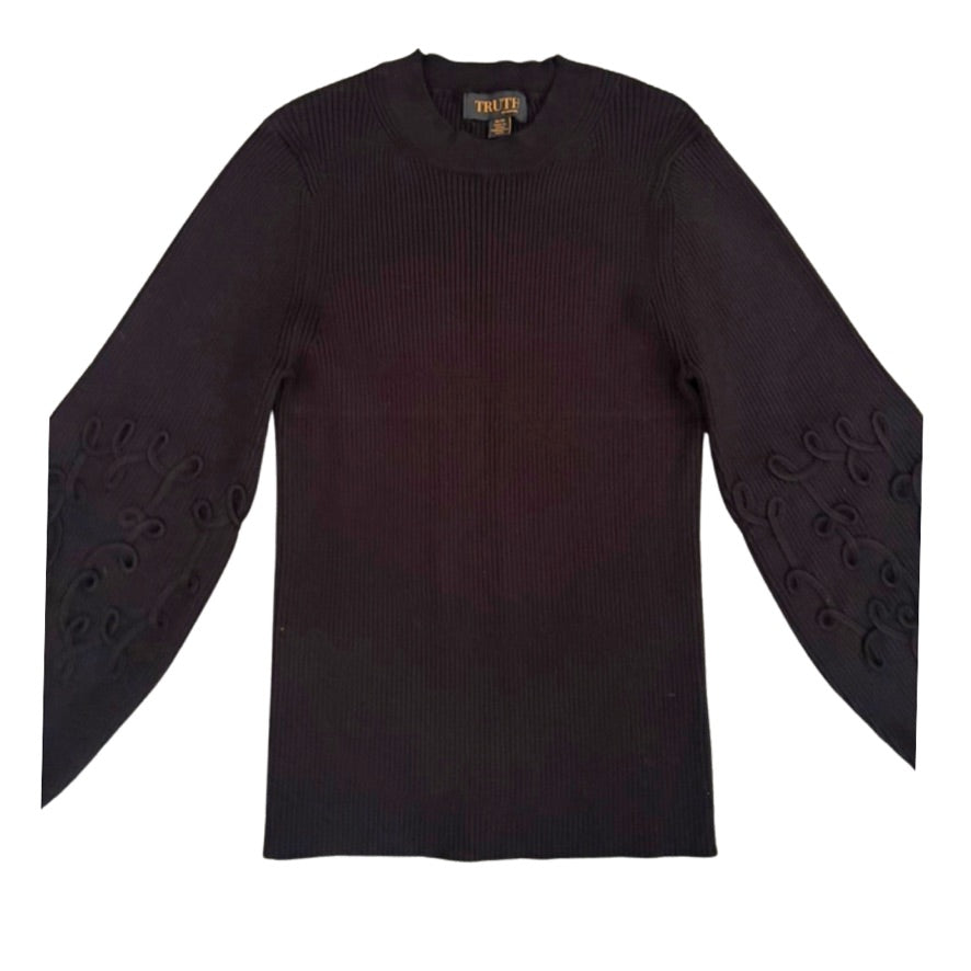 Black long-sleeve shirt with decorative sleeves on a white background