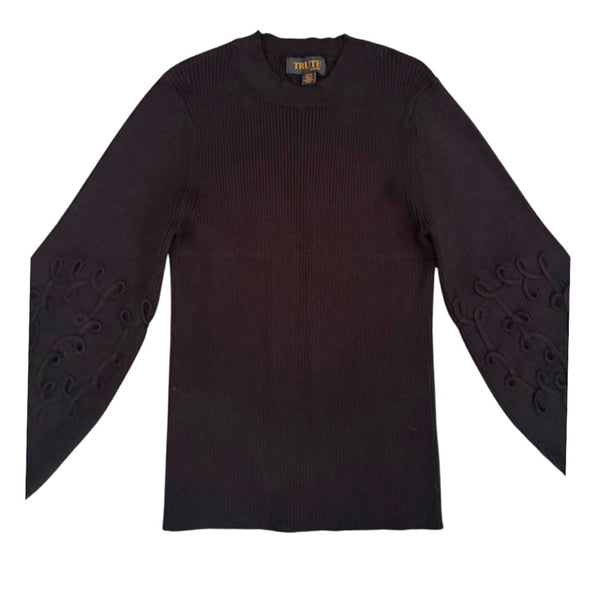 Black long-sleeve shirt with decorative sleeves on a white background