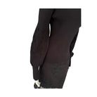 Black sweater with intricate lace detailing on a white background