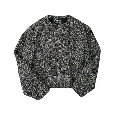 Textured black and gray cardigan with button details on a white background