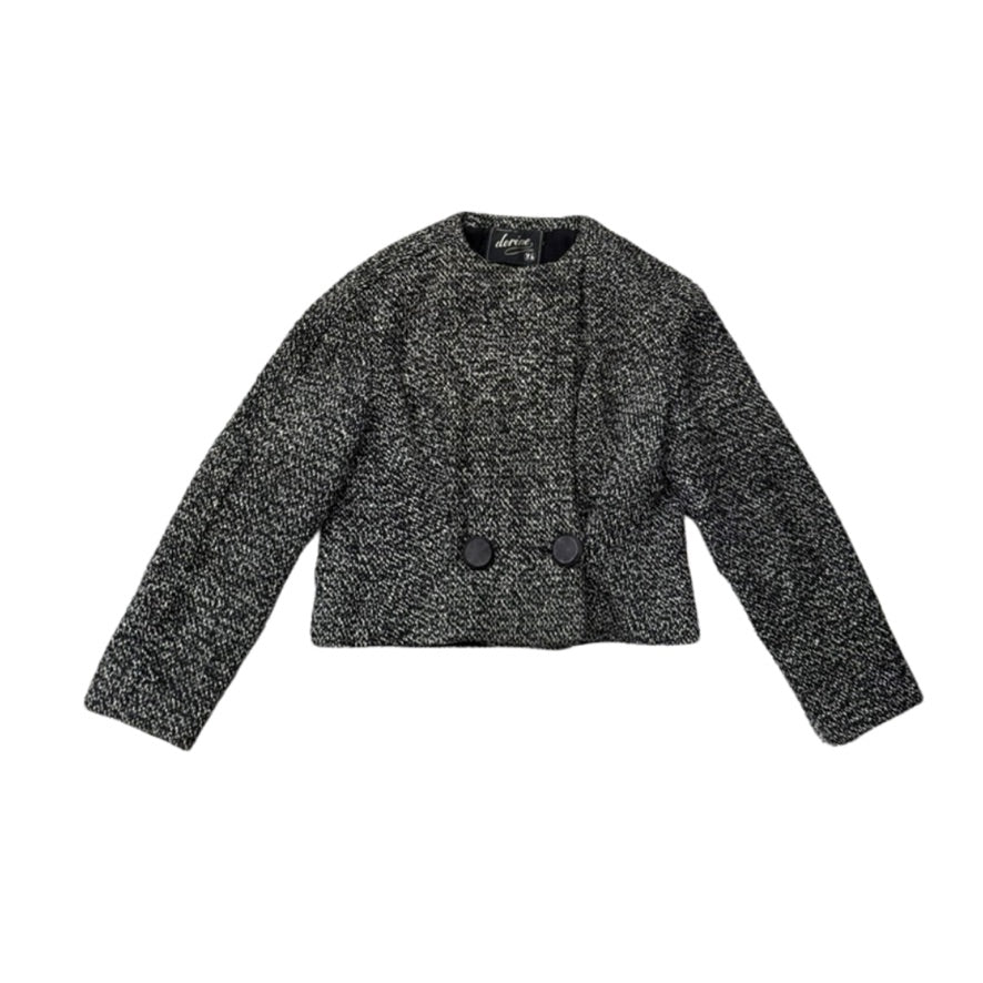 Black textured jacket with two buttons on a white background