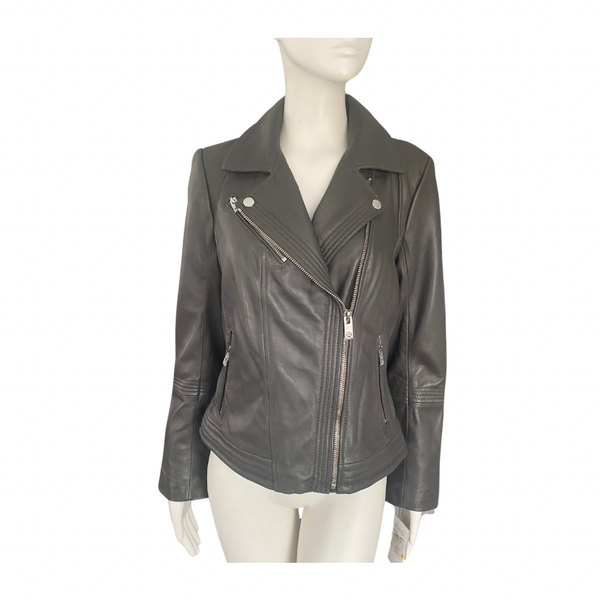 MICHAEL KORS Leather Biker Jacket Grey SIZE M