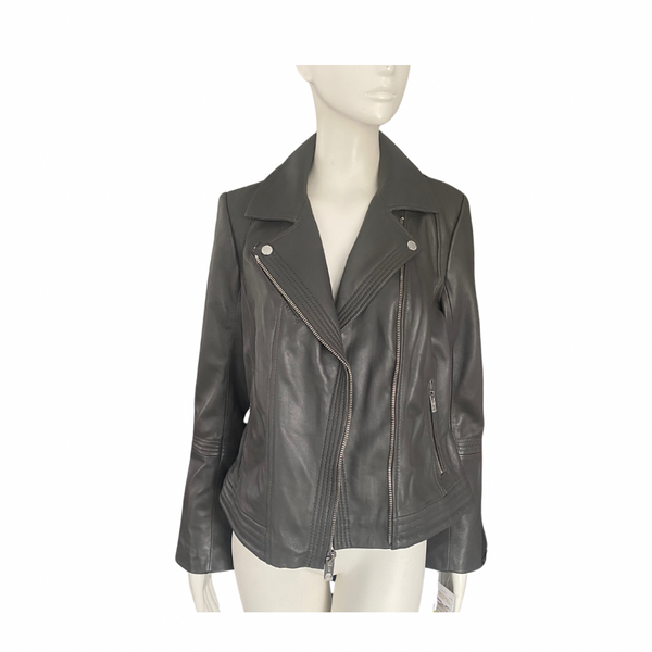 MICHAEL KORS Leather Biker Jacket Grey SIZE M