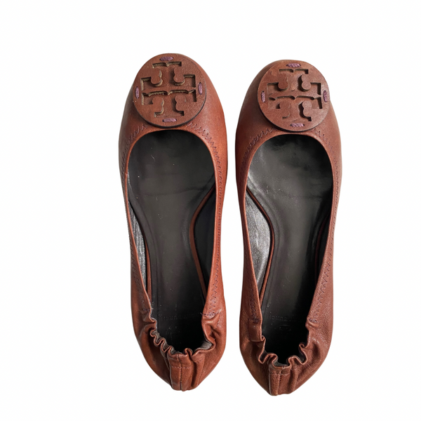 TORY BURCH Minnie Travel Ballet Flat Pumps Leather Brown SIZE 41