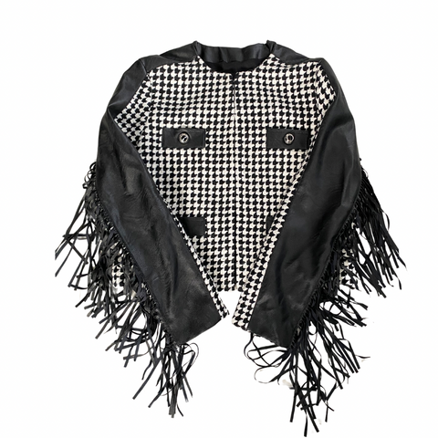 PINKO Houndstooth Fringe Jacket Black White SIZE 12